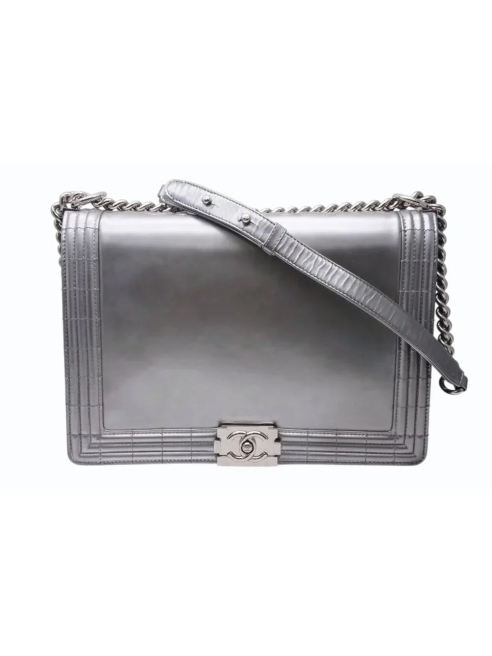 Chanel Boy Chain Shoulder Bag CC Logo Calfskin Silver